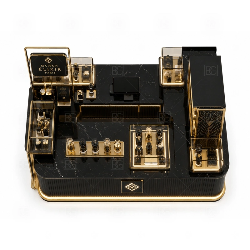 Small Business Mall Perfume Kiosk with Glass Showcase buyer planning detail for Small Business Mall Perfume Kiosk with Glass Showcase target size, bottle display quantity, tester counter size, logo sign dimensions, glass showcase size, lighting color, mall rules, destination country
