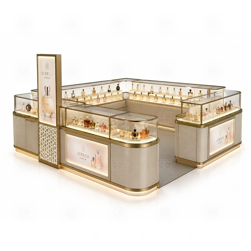 Small Business Retail Perfume Booth Design with cashier counter and lockable storage shown in the small business retail perfume booth design product photos for fragrance and perfume retail
