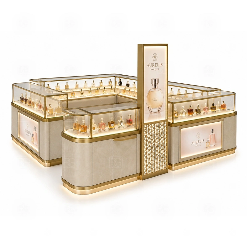 Small Business Retail Perfume Booth Design layout showing compact perfume kiosk layout for limited lease spaces shown in the small business retail perfume booth design product photos, with brand-led retail locations where signage and product visibility need to work together