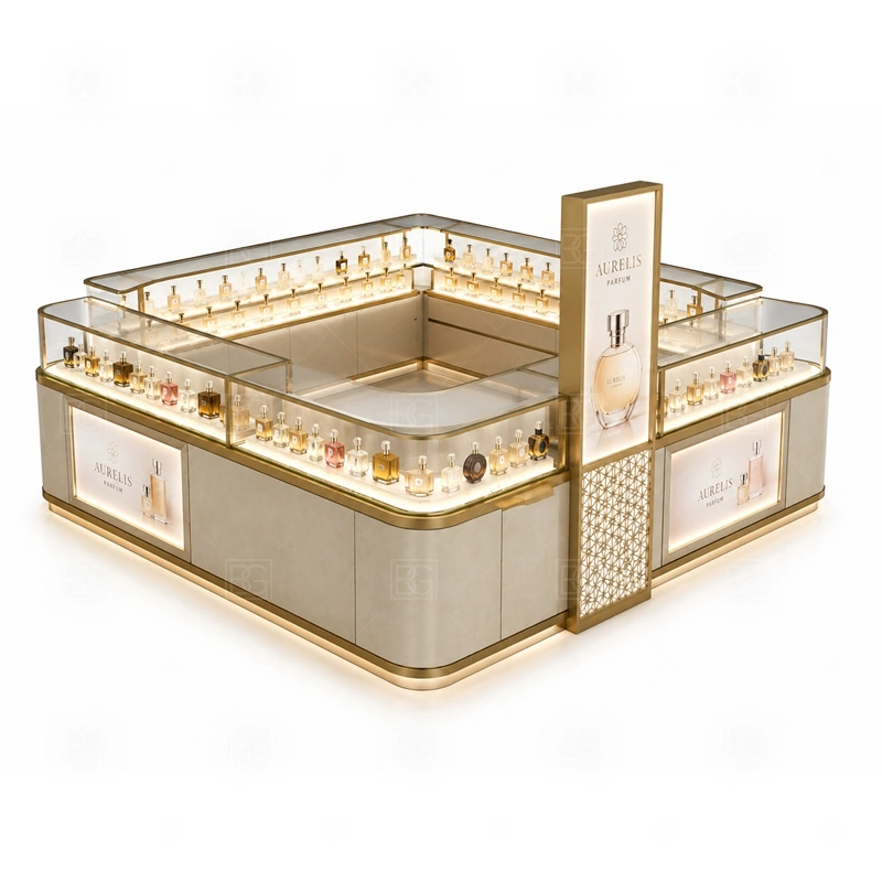 Small Business Retail Perfume Booth Design display detail for tempered glass showcases and visible perfume bottle display zones planned for perfume bottles, testers, gift sets, fragrance boxes, and small beauty products, arranged around the visible showcase rhythm of Small Business Retail Perfume Booth Design