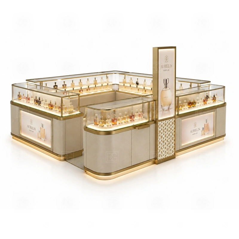 Small Business Retail Perfume Booth Design branding detail for custom logo signage and brand color presentation coordinated with fragrance brand color, logo panels, front graphics, and mall visibility needs, tuned to the logo position and visible brand surfaces of Small Business Retail Perfume Booth Design