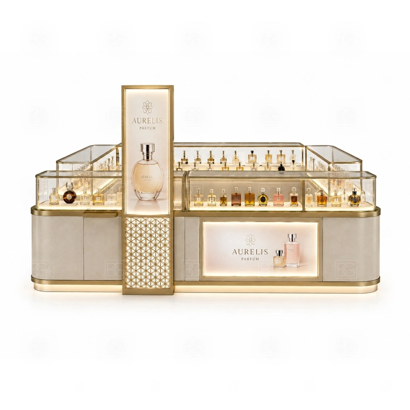 Small Business Retail Perfume Booth Design storage detail for lockable drawers, bottle stock cabinets, tester storage, packaging space, and cable access planned for small business retail perfume booth design