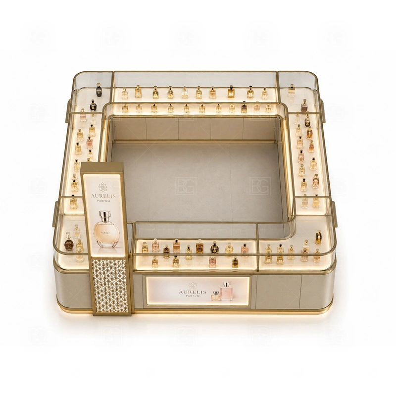 Small Business Retail Perfume Booth Design buyer planning detail for Small Business Retail Perfume Booth Design target size, bottle display quantity, tester counter size, logo sign dimensions, glass showcase size, lighting color, mall rules, destination country