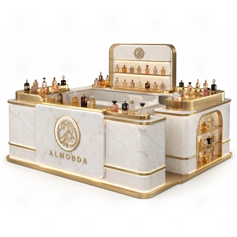 Turnkey Perfume Display Counter Design with cashier counter and lockable storage shown in the turnkey perfume display counter design product photos for fragrance and perfume retail