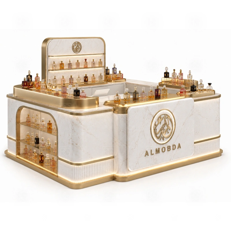 Turnkey Perfume Display Counter Design layout showing shopping mall perfume kiosk layout with display counters, storage, and cashier planning shown in the turnkey perfume display counter design product photos, with compact lease areas where storage and customer flow must be planned carefully