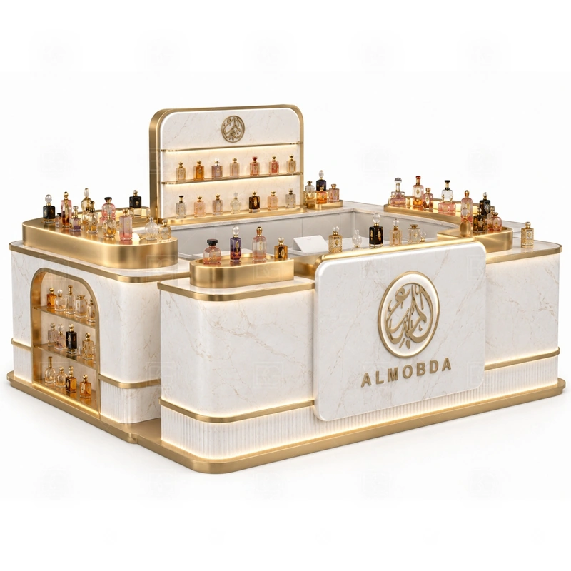 Turnkey Perfume Display Counter Design display detail for tempered glass showcases and visible perfume bottle display zones planned for perfume bottles, testers, gift sets, fragrance boxes, and small beauty products, arranged around the visible showcase rhythm of Turnkey Perfume Display Counter Design