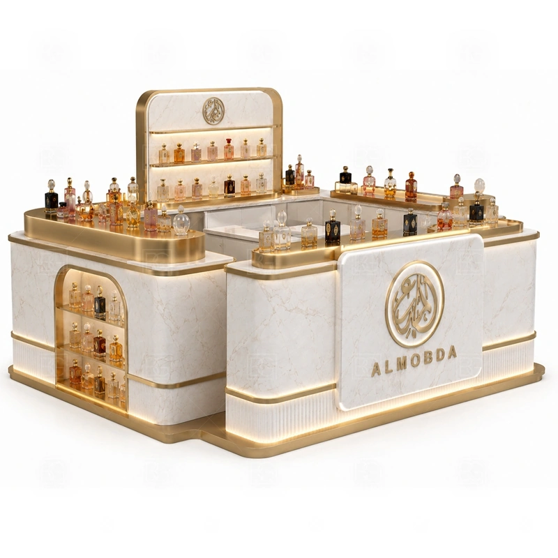 Turnkey Perfume Display Counter Design branding detail for custom logo signage and brand color presentation coordinated with fragrance brand color, logo panels, front graphics, and mall visibility needs, tuned to the logo position and visible brand surfaces of Turnkey Perfume Display Counter Design