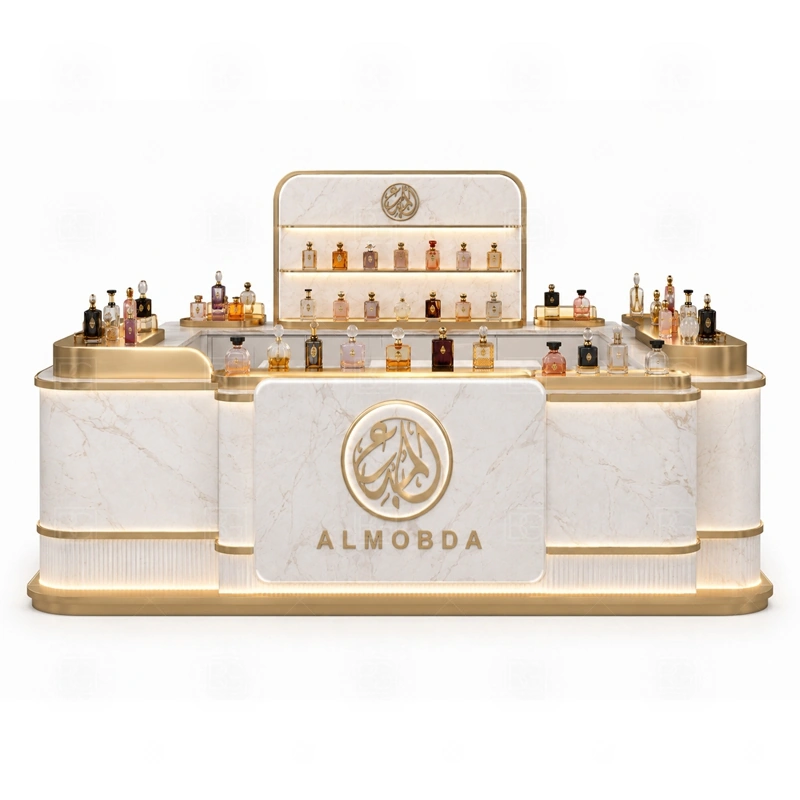 Turnkey Perfume Display Counter Design storage detail for lockable drawers, bottle stock cabinets, tester storage, packaging space, and cable access planned for turnkey perfume display counter design