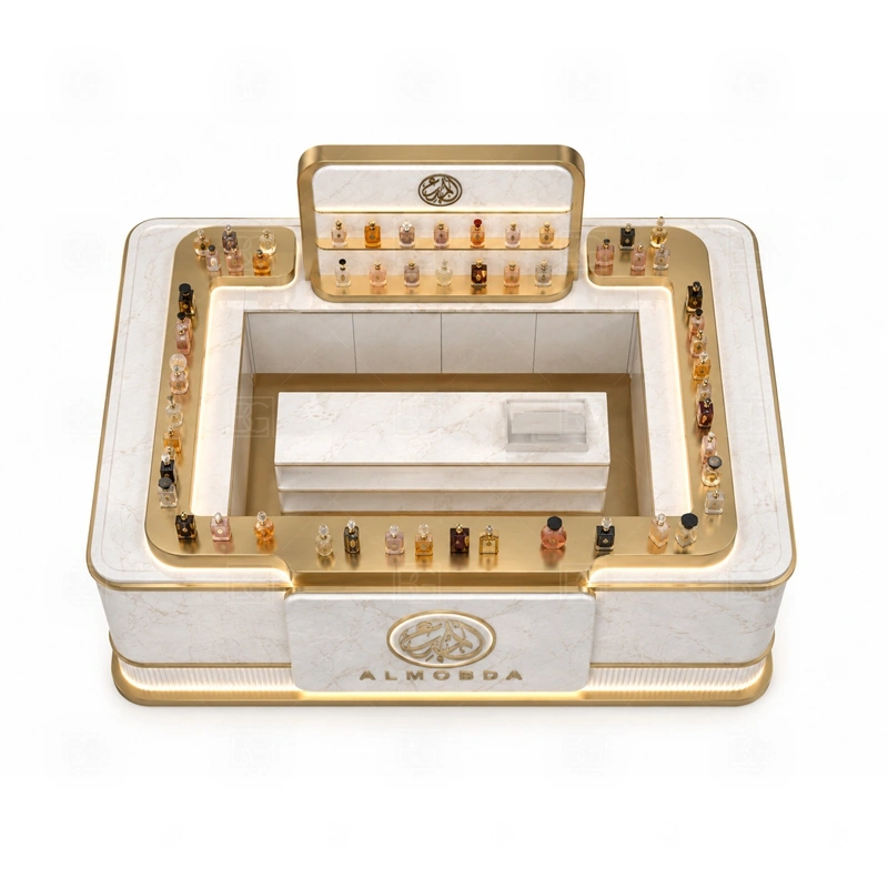 Turnkey Perfume Display Counter Design buyer planning detail for Turnkey Perfume Display Counter Design target size, bottle display quantity, tester counter size, logo sign dimensions, glass showcase size, lighting color, mall rules, destination country