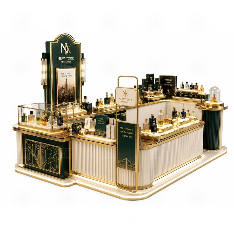 Turnkey Scent Bar Kiosk with Glass Showcase with white gold luxury counter style shown in the turnkey scent bar kiosk with glass showcase product photos for fragrance and perfume retail