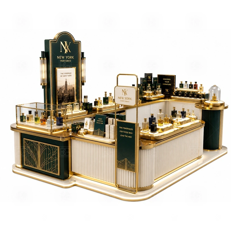 Turnkey Scent Bar Kiosk with Glass Showcase layout showing shopping mall perfume kiosk layout with display counters, storage, and cashier planning shown in the turnkey scent bar kiosk with glass showcase product photos, with compact lease areas where storage and customer flow must be planned carefully