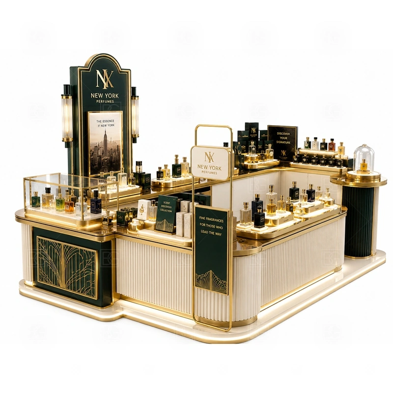 Turnkey Scent Bar Kiosk with Glass Showcase display detail for tempered glass showcases and visible perfume bottle display zones planned for perfume bottles, testers, gift sets, fragrance boxes, and small beauty products, arranged around the visible showcase rhythm of Turnkey Scent Bar Kiosk with Glass Showcase
