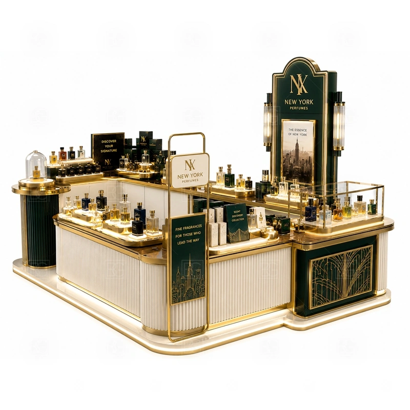 Turnkey Scent Bar Kiosk with Glass Showcase branding detail for tall logo tower and warm LED brand lighting coordinated with fragrance brand color, logo panels, front graphics, and mall visibility needs, tuned to the logo position and visible brand surfaces of Turnkey Scent Bar Kiosk with Glass Showcase