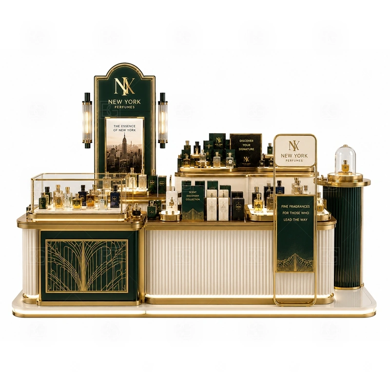 Turnkey Scent Bar Kiosk with Glass Showcase storage detail for lockable drawers, bottle stock cabinets, tester storage, packaging space, and cable access planned for turnkey scent bar kiosk with glass showcase