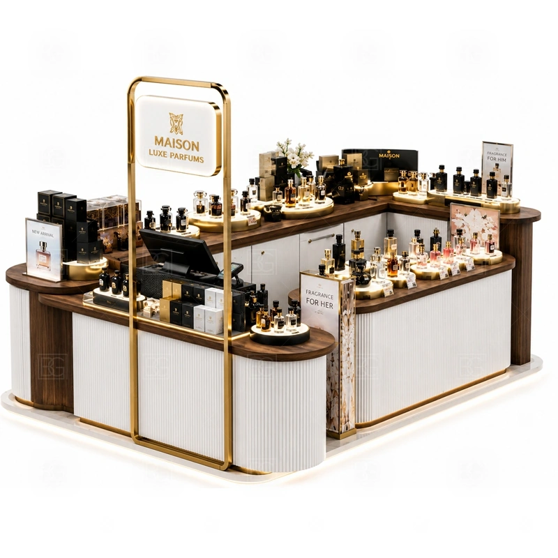 White Gold Perfume Kiosk with Lockable Storage with multi-side customer browsing shown in the white gold perfume kiosk with lockable storage product photos for fragrance and perfume retail