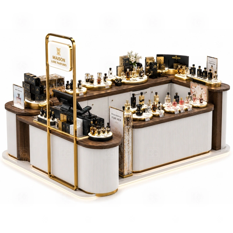 White Gold Perfume Kiosk with Lockable Storage layout showing shopping mall perfume kiosk layout with display counters, storage, and cashier planning shown in the white gold perfume kiosk with lockable storage product photos, with compact lease areas where storage and customer flow must be planned carefully