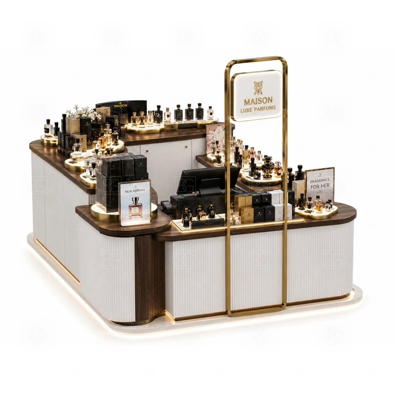 White Gold Perfume Kiosk with Lockable Storage display detail for perfume bottle displays, glass counters, and small product shelving planned for perfume bottles, testers, gift sets, fragrance boxes, and small beauty products, arranged around the visible showcase rhythm of White Gold Perfume Kiosk with Lockable Storage
