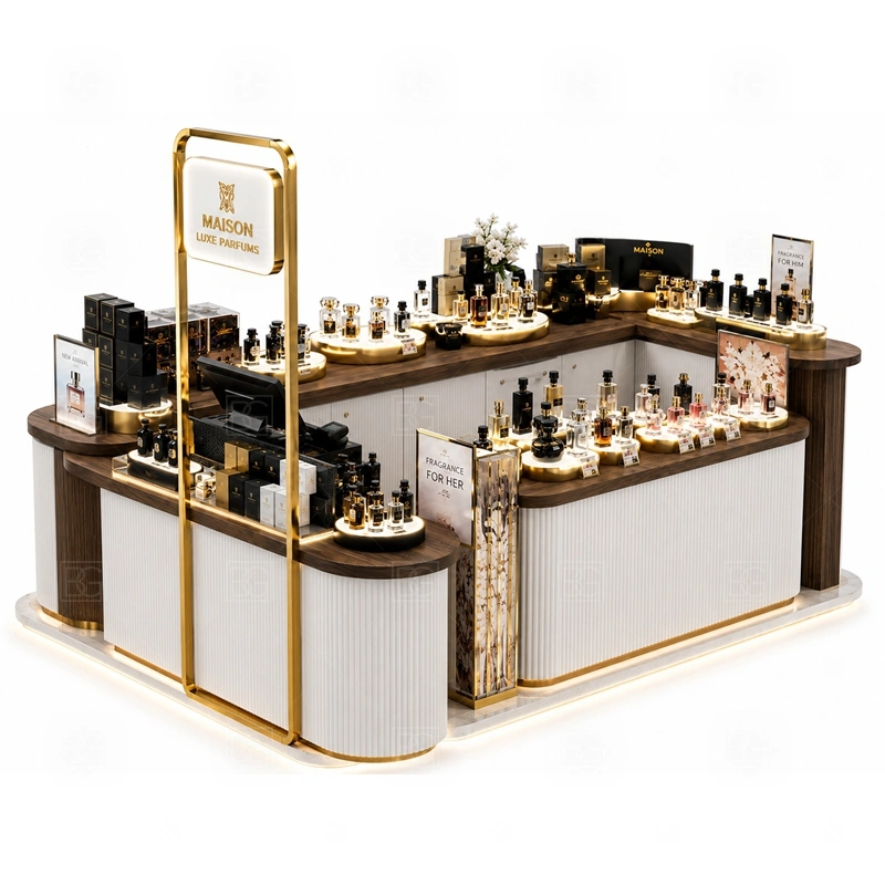 White Gold Perfume Kiosk with Lockable Storage branding detail for premium logo signage with coordinated gold trim details coordinated with fragrance brand color, logo panels, front graphics, and mall visibility needs, tuned to the logo position and visible brand surfaces of White Gold Perfume Kiosk with Lockable Storage