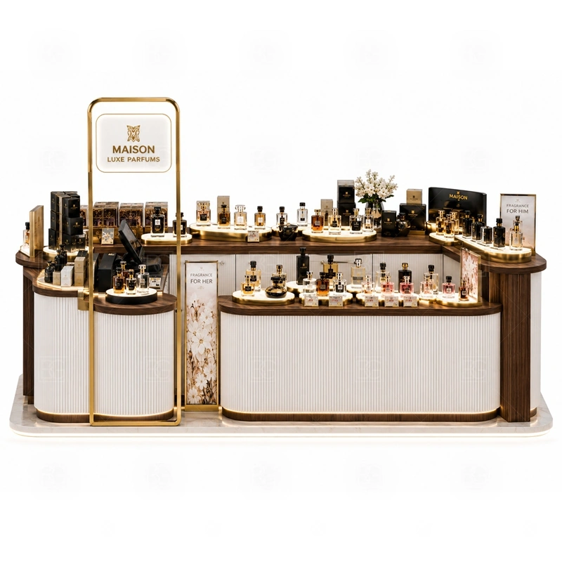 White Gold Perfume Kiosk with Lockable Storage storage detail for lockable drawers, bottle stock cabinets, tester storage, packaging space, and cable access planned for white gold perfume kiosk with lockable storage