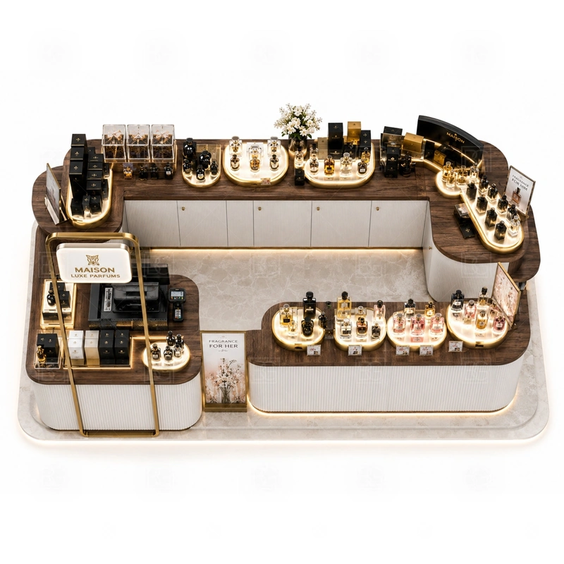 White Gold Perfume Kiosk with Lockable Storage buyer planning detail for White Gold Perfume Kiosk with Lockable Storage target size, bottle display quantity, tester counter size, logo sign dimensions, glass showcase size, lighting color, mall rules, destination country