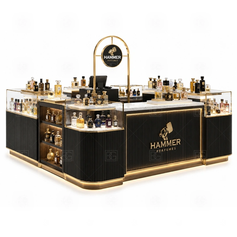 White Gold Scent Bar Kiosk for Shopping Mall with pink boutique fragrance display shown in the white gold scent bar kiosk for shopping mall product photos for fragrance and perfume retail