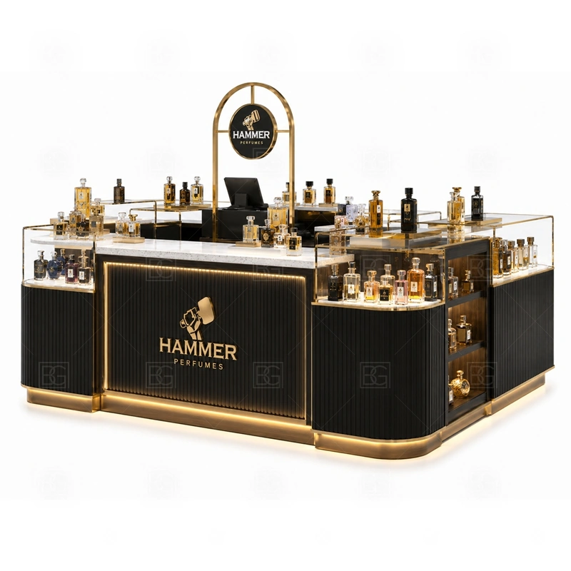 White Gold Scent Bar Kiosk for Shopping Mall layout showing shopping mall perfume kiosk layout with display counters, storage, and cashier planning shown in the white gold scent bar kiosk for shopping mall product photos, with front-facing mall traffic with a clear customer approach and staff side behind the counter
