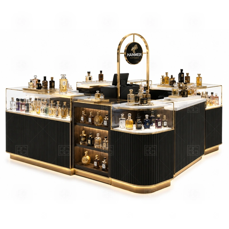 White Gold Scent Bar Kiosk for Shopping Mall display detail for tester counter, scent bar area, and bottle display shelves planned for perfume bottles, testers, gift sets, fragrance boxes, and small beauty products, arranged around the visible showcase rhythm of White Gold Scent Bar Kiosk for Shopping Mall