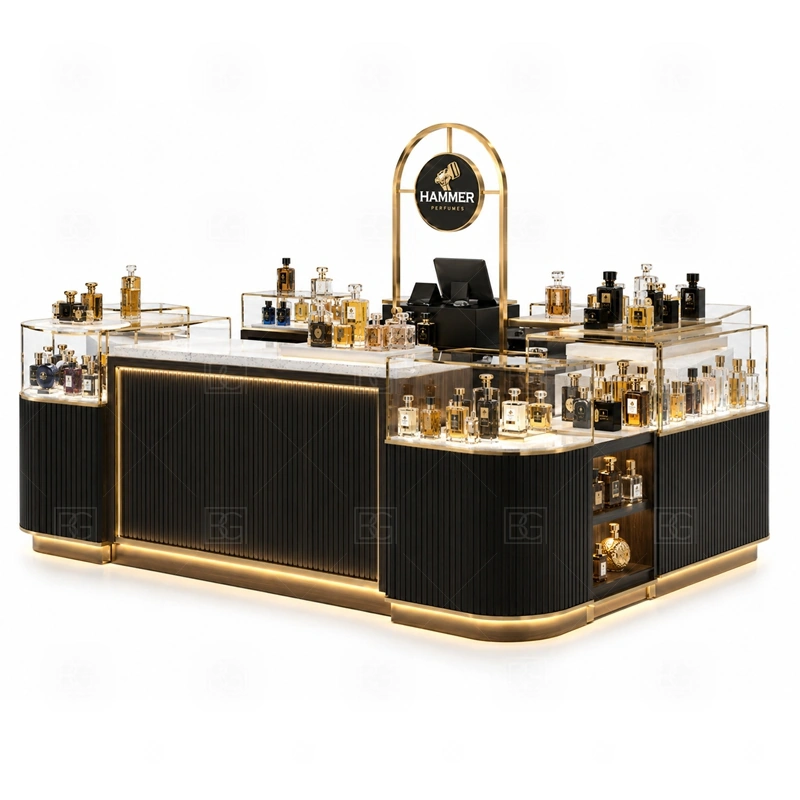 White Gold Scent Bar Kiosk for Shopping Mall branding detail for premium logo signage with coordinated gold trim details coordinated with fragrance brand color, logo panels, front graphics, and mall visibility needs, tuned to the logo position and visible brand surfaces of White Gold Scent Bar Kiosk for Shopping Mall