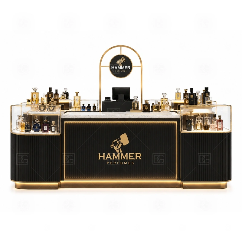 White Gold Scent Bar Kiosk for Shopping Mall storage detail for lockable drawers, bottle stock cabinets, tester storage, packaging space, and cable access planned for white gold scent bar kiosk for shopping mall