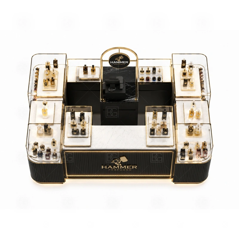 White Gold Scent Bar Kiosk for Shopping Mall buyer planning detail for White Gold Scent Bar Kiosk for Shopping Mall target size, bottle display quantity, tester counter size, logo sign dimensions, glass showcase size, lighting color, mall rules, destination country