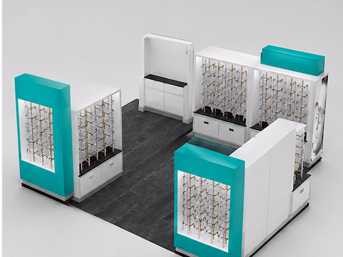 4m by 2.5m sunglasses display stand sunglasses display booth used in USA shopping mall angled eyewear display view