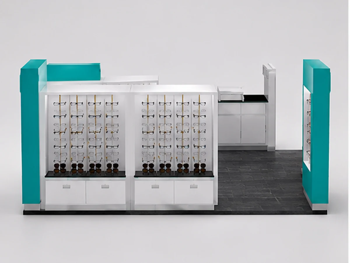 4m by 2.5m sunglasses display stand sunglasses display booth used in USA shopping mall mirror and frame browsing area