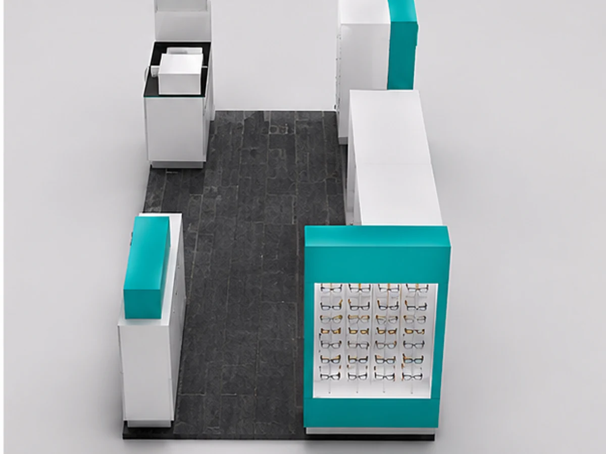 4m by 2.5m sunglasses display stand sunglasses display booth used in USA shopping mall staff storage and display detail