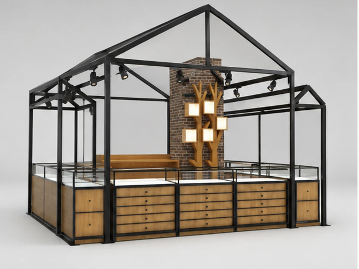 Black Metal Bar Frame Roof Sunglass Kiosk Concept For Indoor Mall main mall-facing view