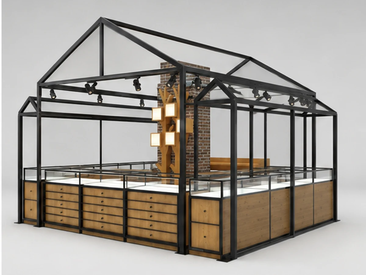 Black Metal Bar Frame Roof Sunglass Kiosk Concept For Indoor Mall angled eyewear display view