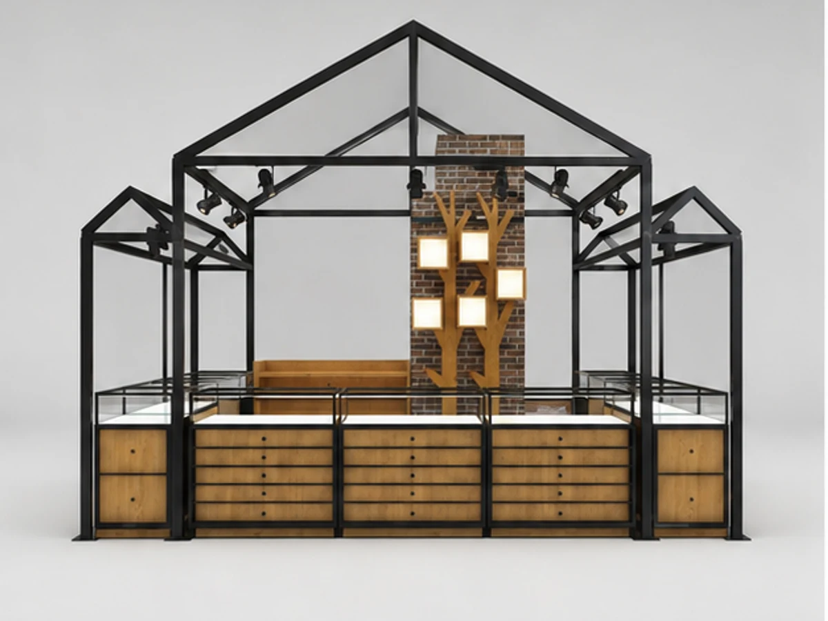 Black Metal Bar Frame Roof Sunglass Kiosk Concept For Indoor Mall mirror and frame browsing area