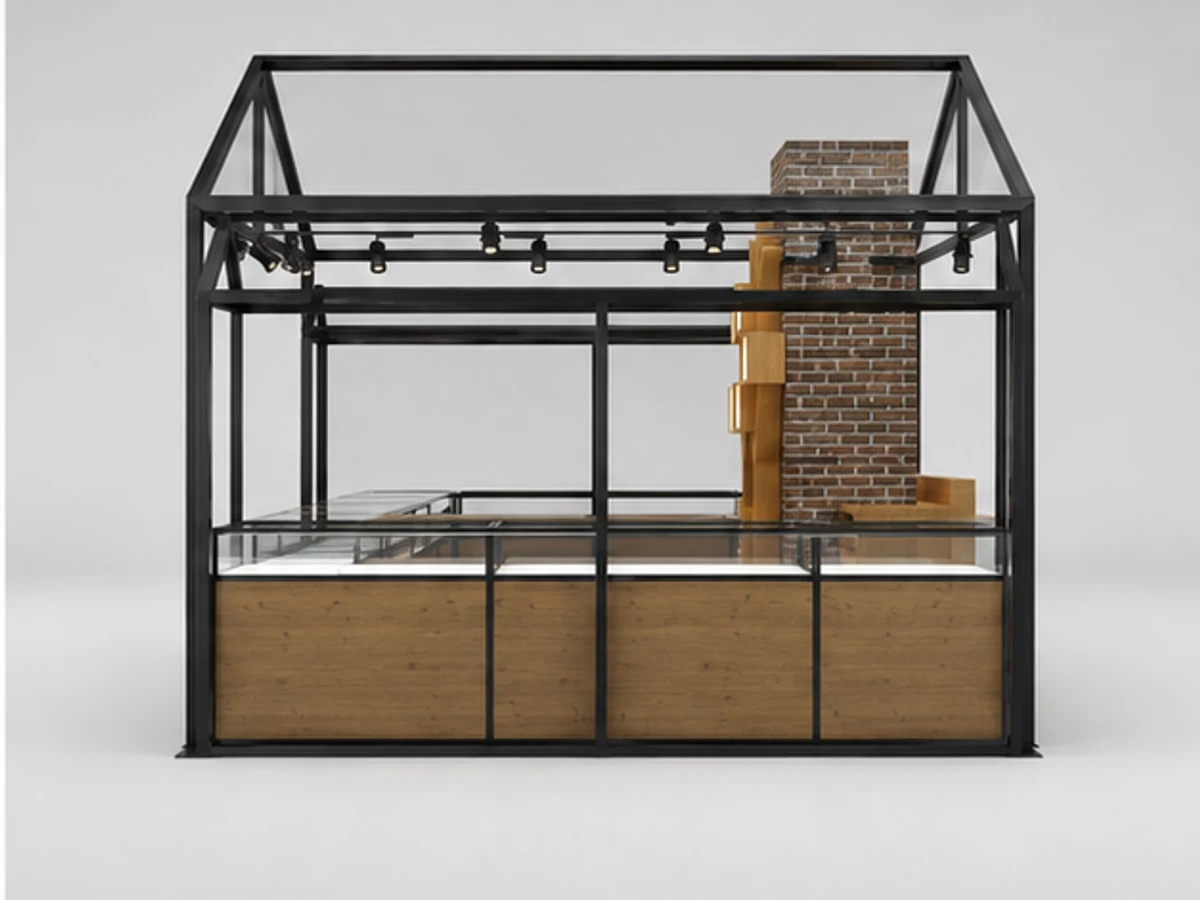 Black Metal Bar Frame Roof Sunglass Kiosk Concept For Indoor Mall staff storage and display detail