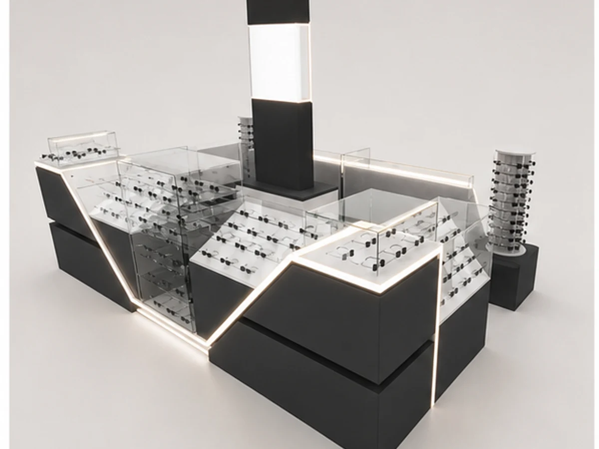Black Sunglass Kiosk Design High-end Sunglass Booth for Mall on Sale main mall-facing view