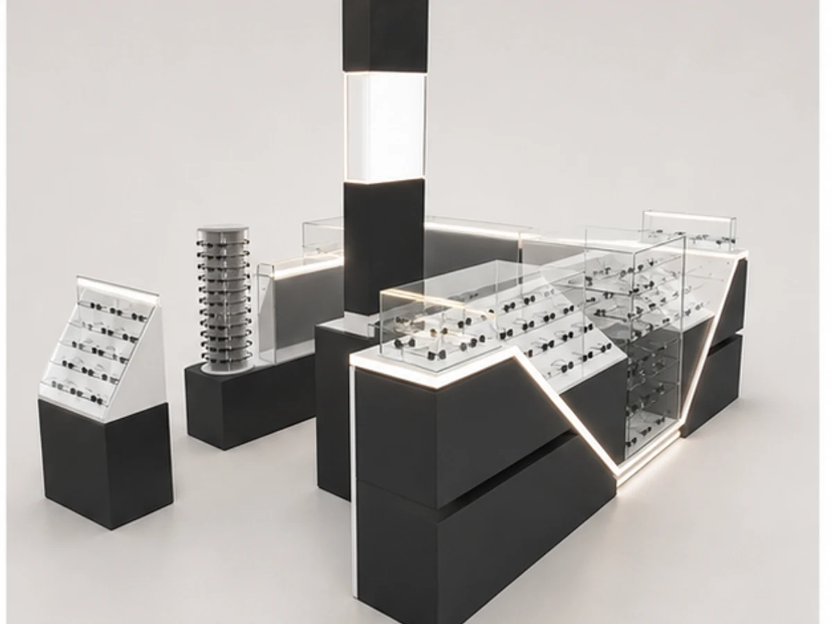 Black Sunglass Kiosk Design High-end Sunglass Booth for Mall on Sale angled eyewear display view