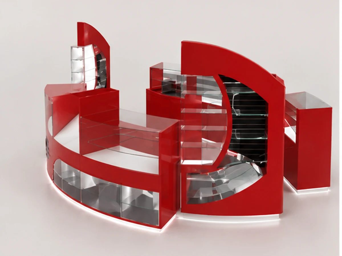 Catchy eyewear display kiosk retail sunglasses shop display counter main mall-facing view