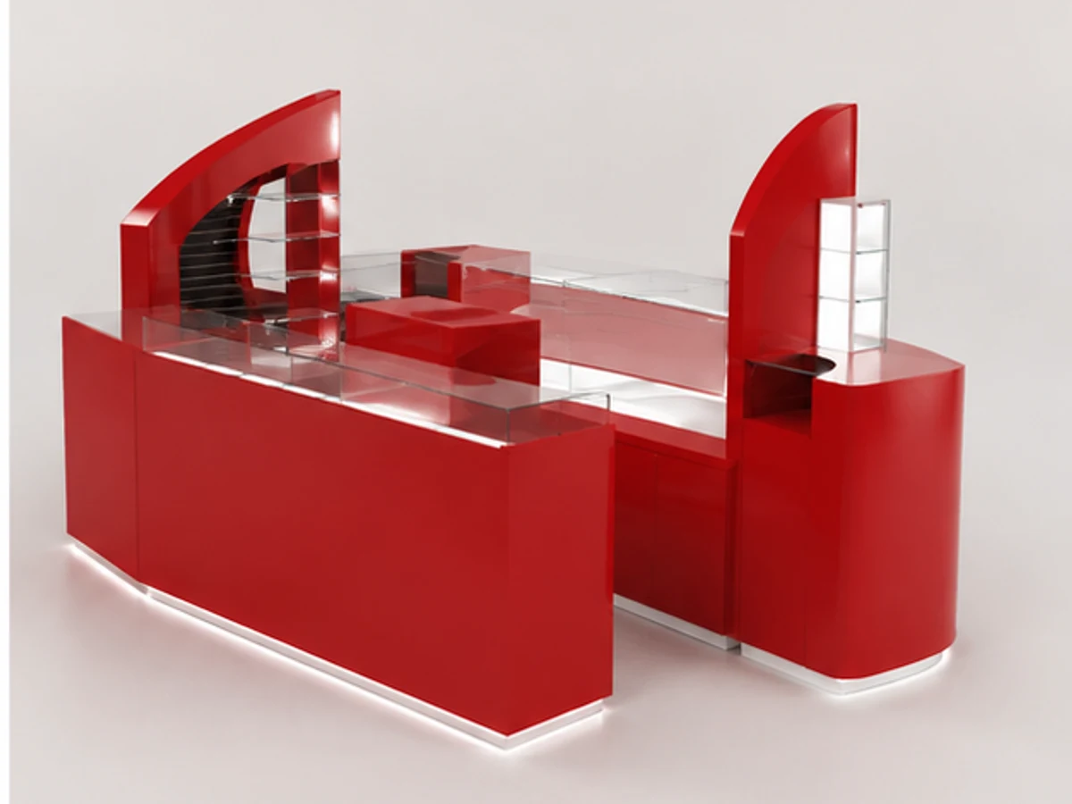 Catchy eyewear display kiosk retail sunglasses shop display counter angled eyewear display view