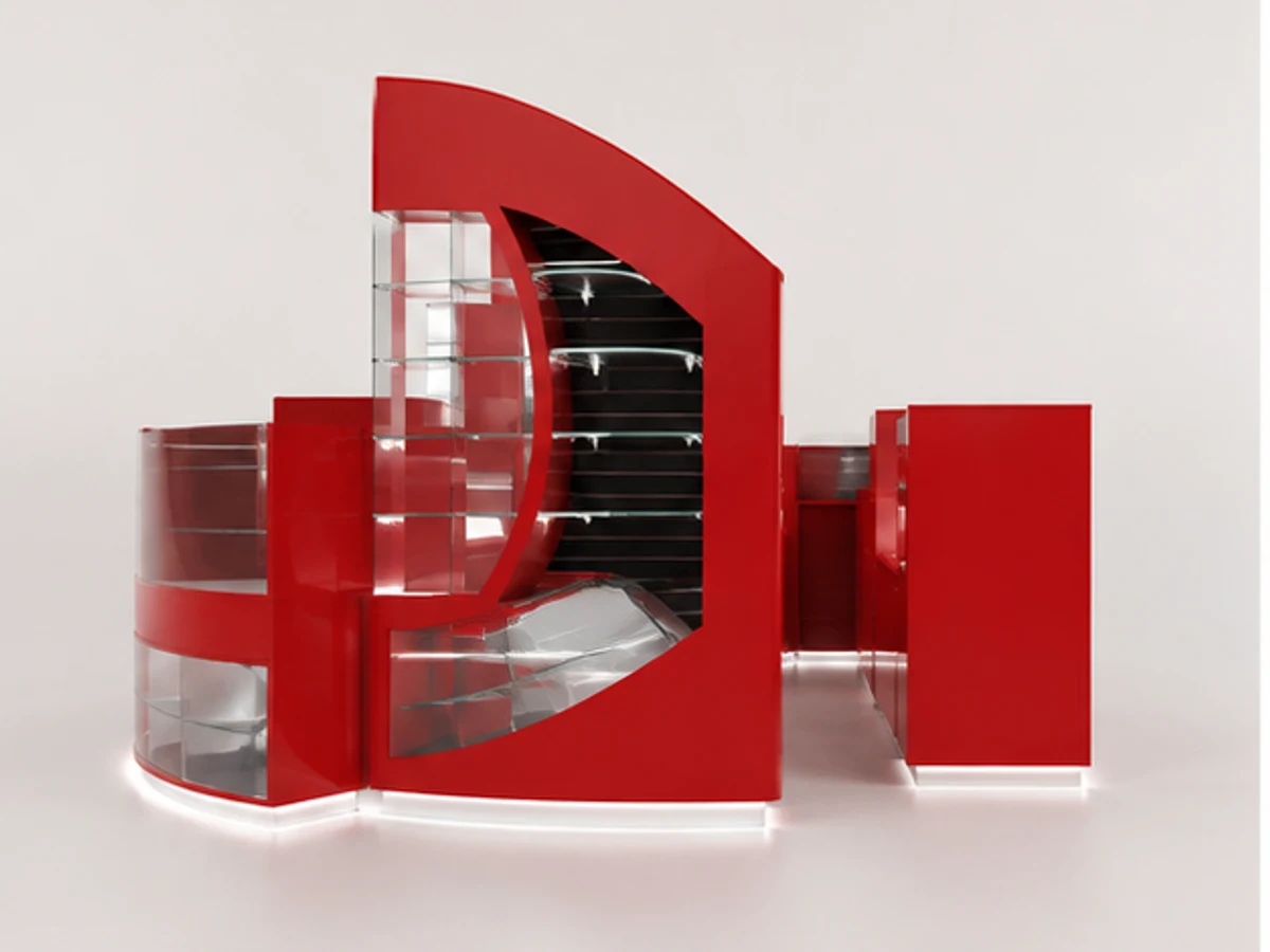 Catchy eyewear display kiosk retail sunglasses shop display counter mirror and frame browsing area