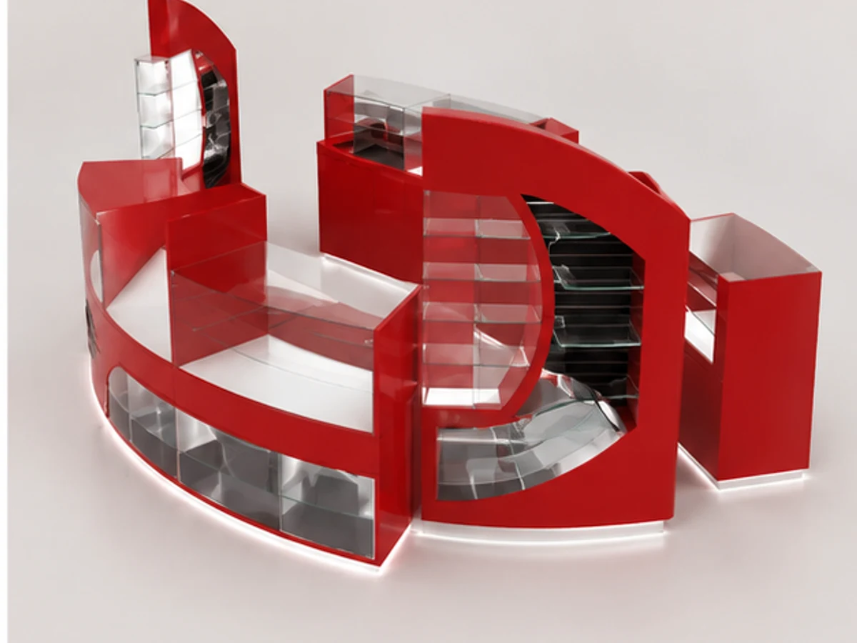 Catchy eyewear display kiosk retail sunglasses shop display counter staff storage and display detail
