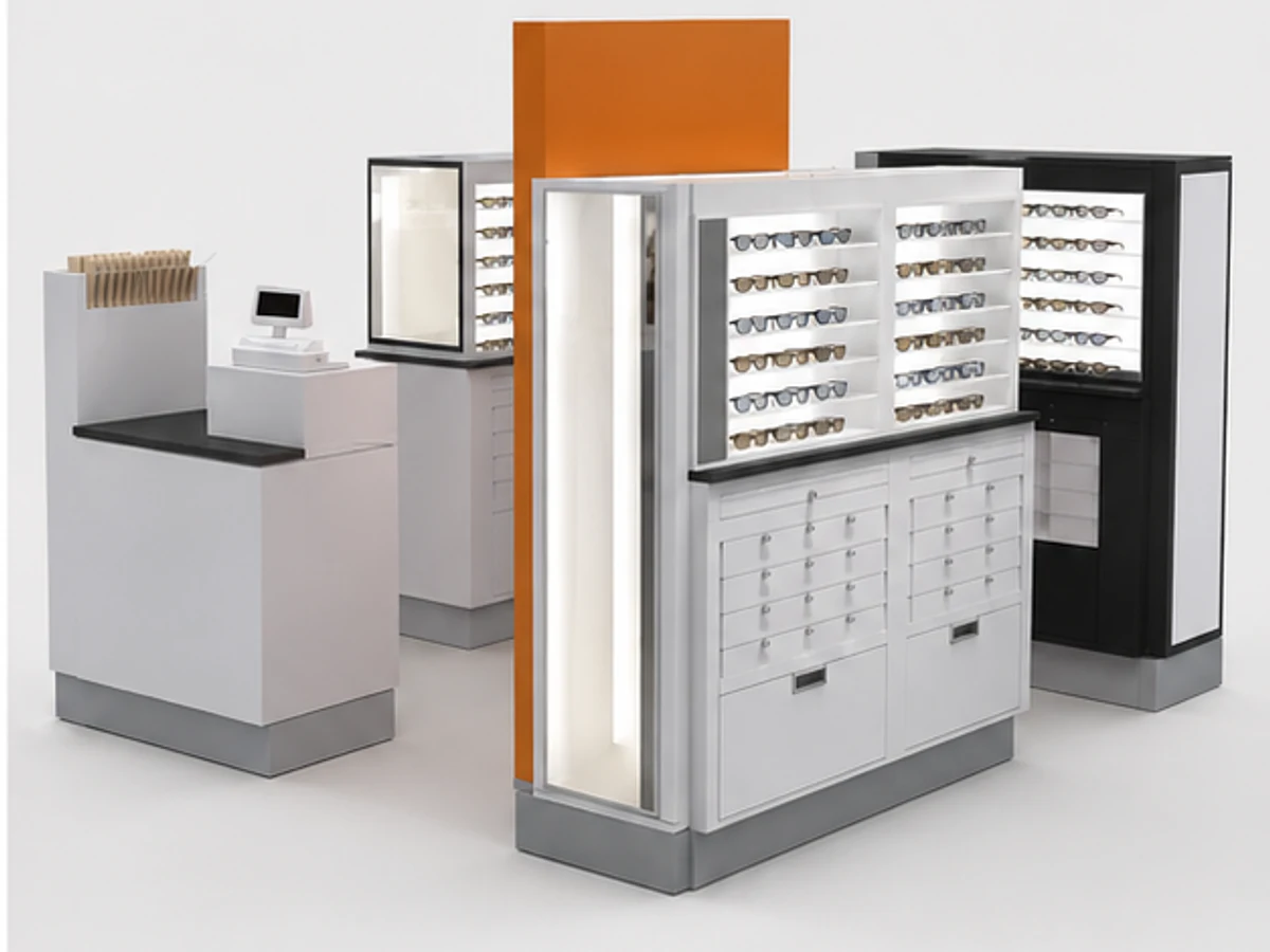 Creative eyewear display cabinet sunglasses display booth used in mall angled eyewear display view
