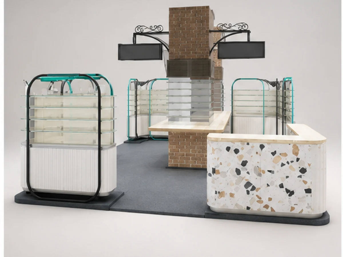 Creative glasses display kiosk optical booth with sunglasses display cabinet for sale main mall-facing view