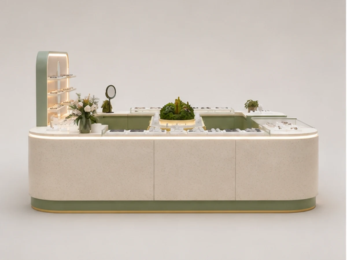 Custom Eyewear Mall Kiosk – Soft Toned Optical Retail Booth for Shopping Centres mirror and frame browsing area