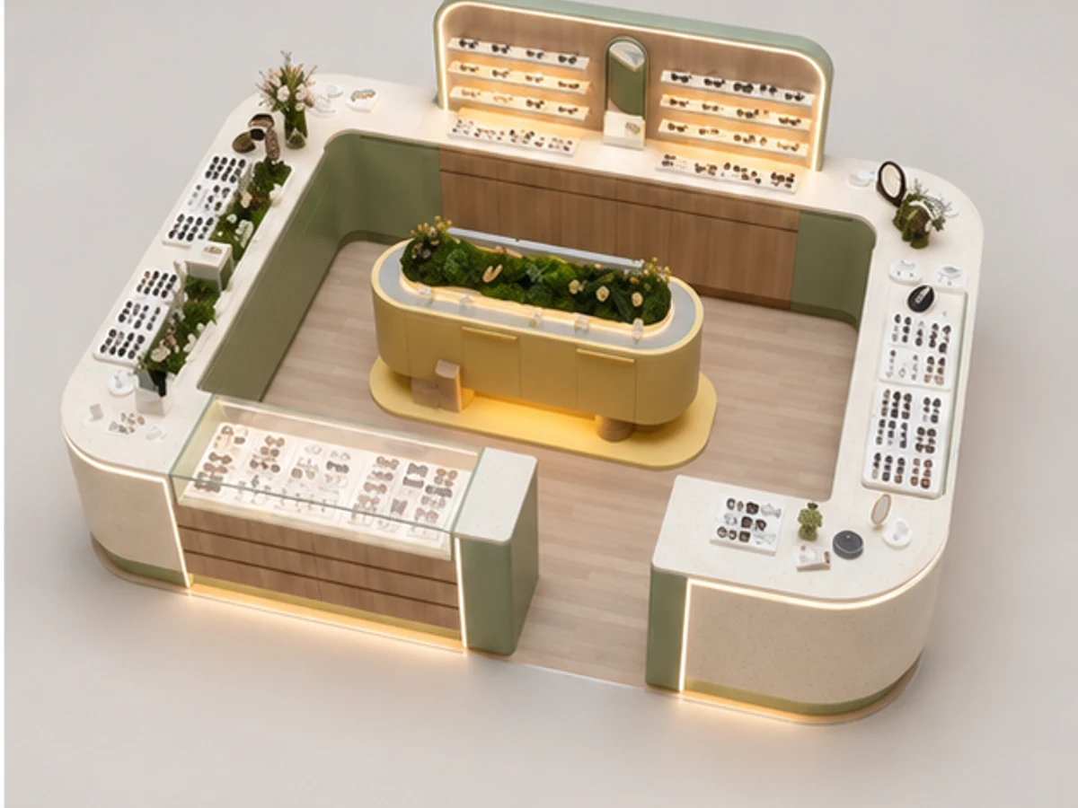 Custom Eyewear Mall Kiosk – Soft Toned Optical Retail Booth for Shopping Centres staff storage and display detail