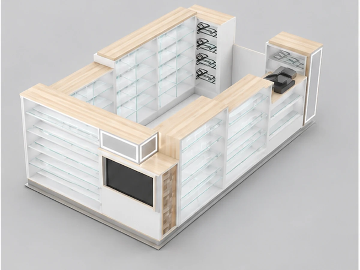 Custom sunglasses kiosk mall eyewear display stand retail Glasses cabinet for sale staff storage and display detail
