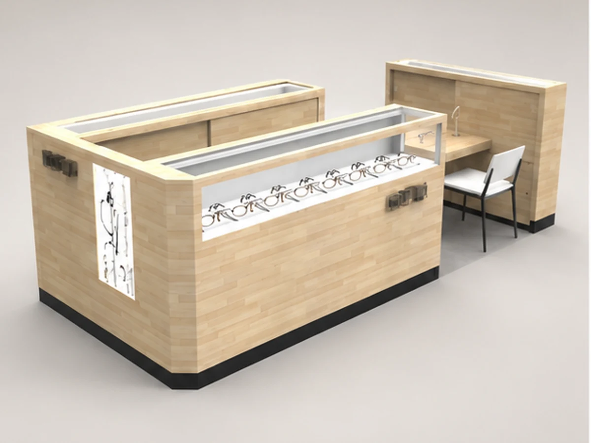 Eyewear Display Counter Glasses Kiosk Inside Optical Stall main mall-facing view