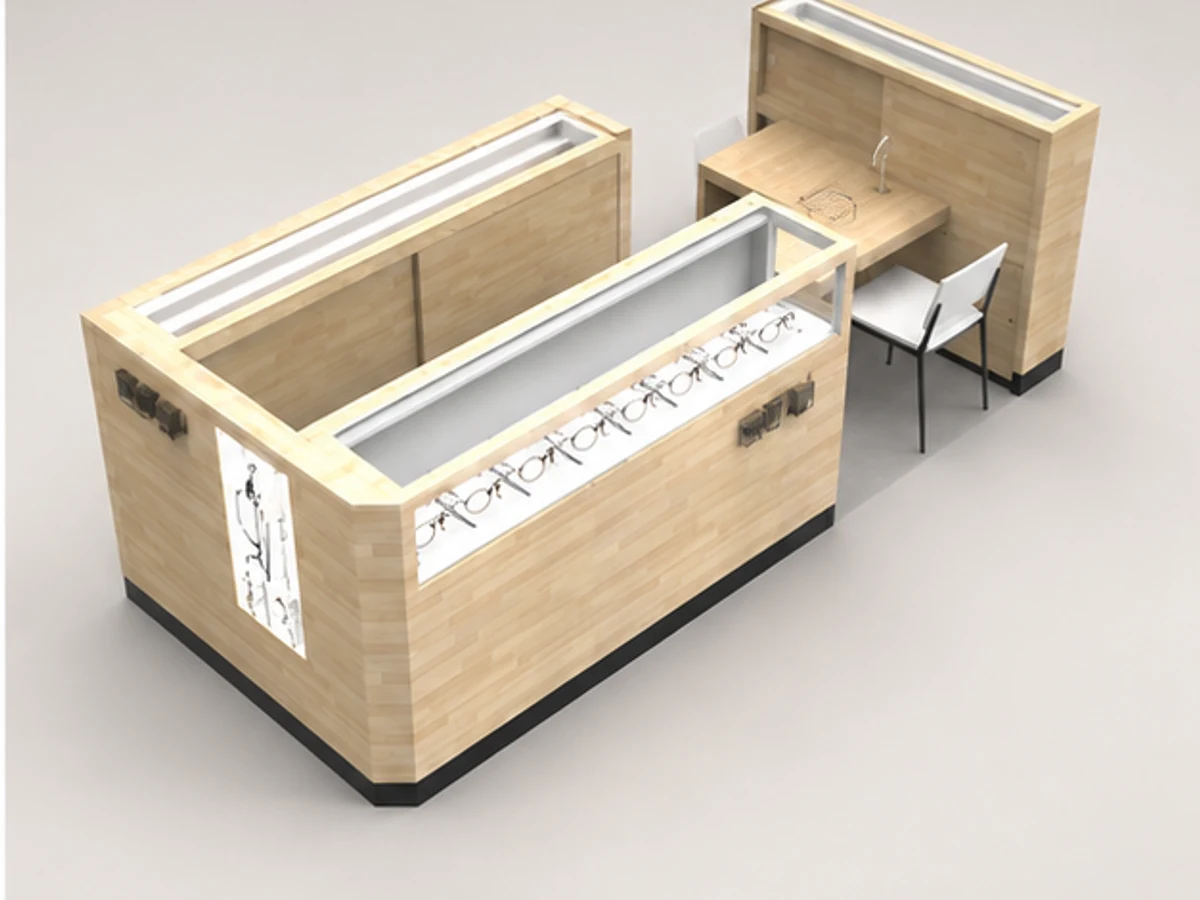 Eyewear Display Counter Glasses Kiosk Inside Optical Stall staff storage and display detail